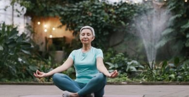 mujer mayor, haciendo yoga en el jardín